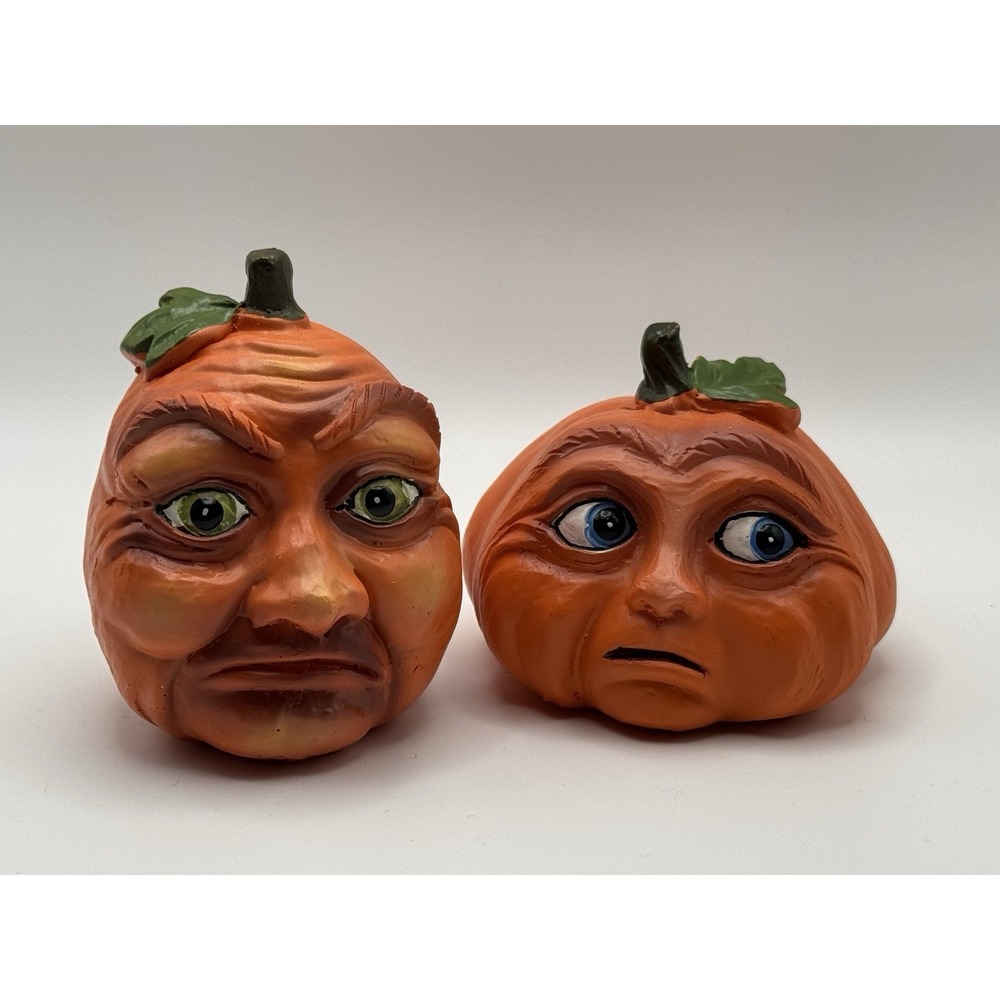 Pair of Anthropomorphic Expressive Creepy Faces Pumpkin Resin Halloween Figures